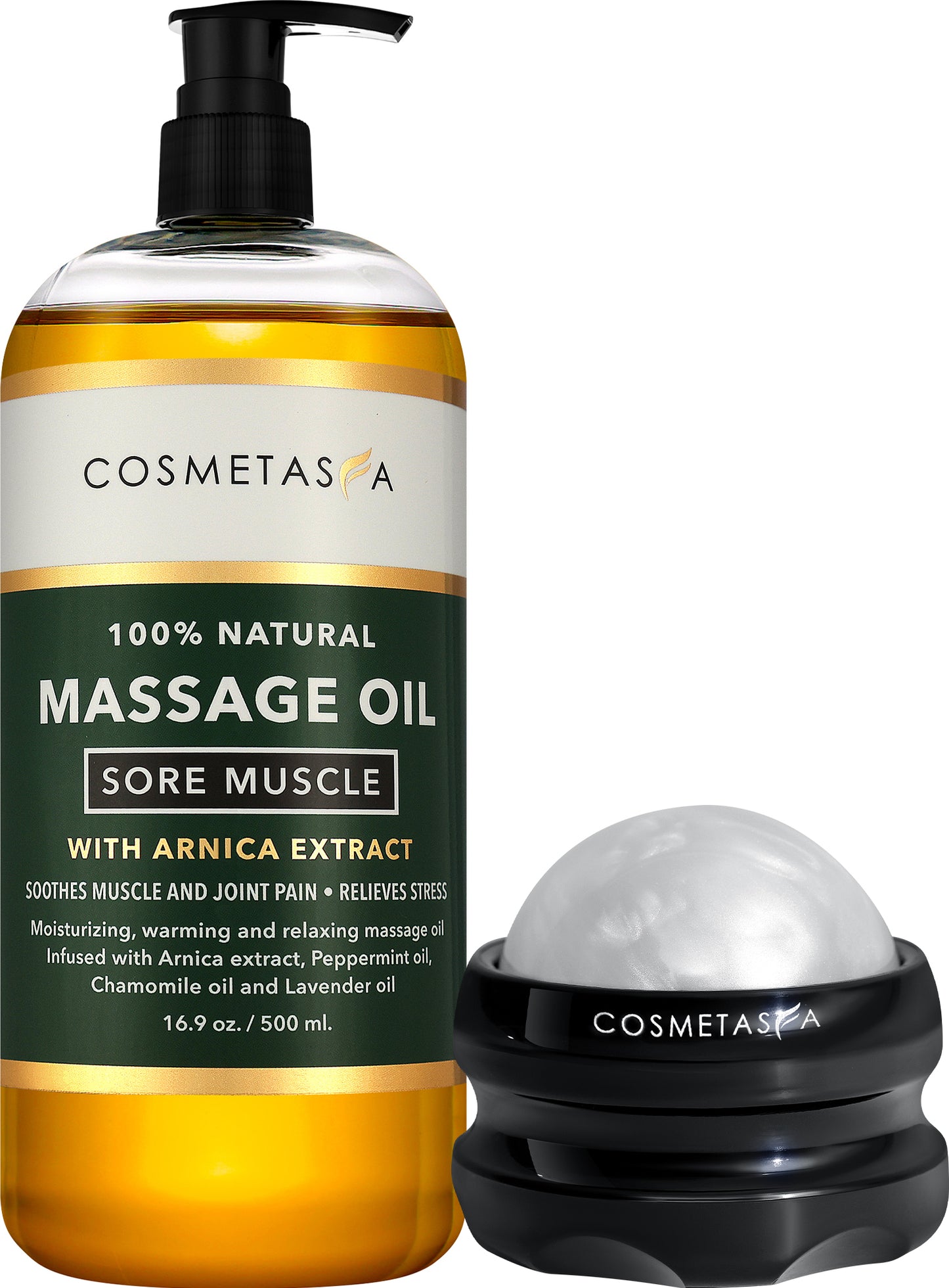 Cosmetasa Sore Muscle Massage Oil with Massage Ball Roller